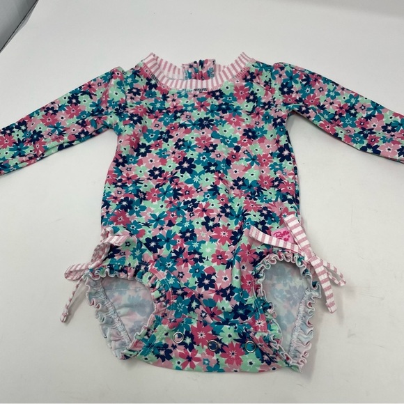 Ruffle Butts Pink Sun Hat and Pink Floral Long Sleeve Swim Suit Infant Baby - Picture 2 of 13